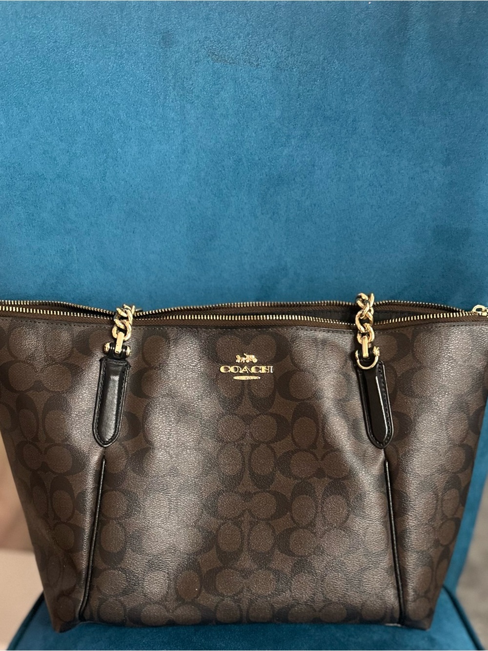 Coach Ava Chain Tote F87776 Signature Canvas Brown Black Gold